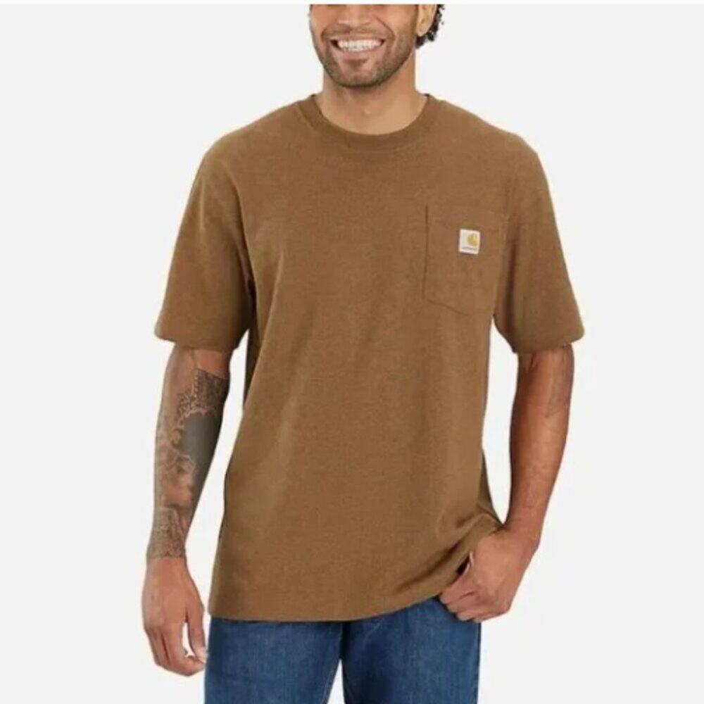 Carhartt Men's Loose Fit Heavyweight Pocket Logo Short Sleeve Brown T-Shirt XL
